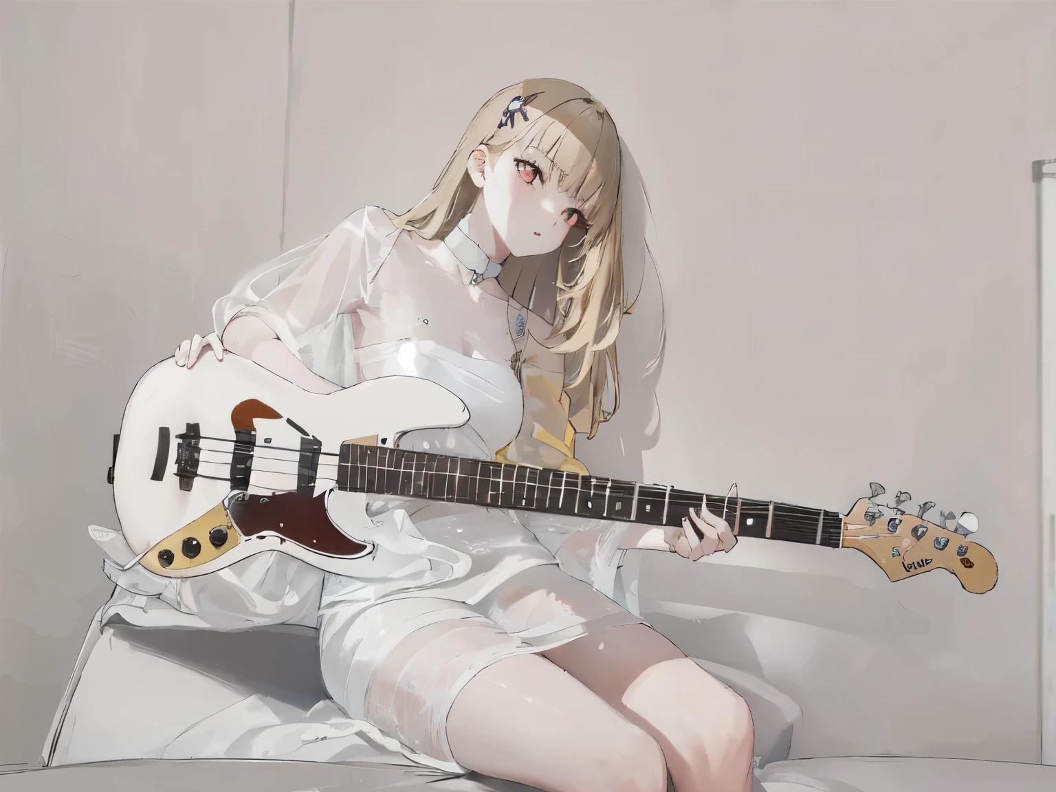 1girl, human ears, strawberry blonde hair, golden eyes, white prom dress, white thigh high, long hair, white bass guitar, electric bass guitar, Fender Jazz Bass, Roses on the ground, white background, studio lighting, poster, elegance, sitting post, photoshoot