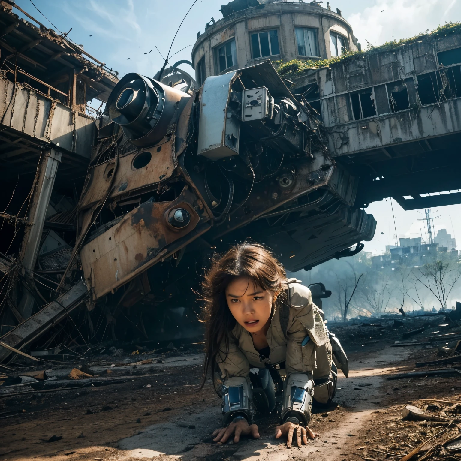 (highest quality、4K、High resolution、master piece: 1.2)、Super detailed、real: 1.37、Natural light、Portrait、surreal colors、futuristic style、Crumbling cityscape、Overgrown vegetation、Foggy atmosphere、Contrasting shadows、tattered clothes、A strong and confident gaze、Abandoned Objects、desolation、Destroyed building silhouette、vivid graffiti、Empowering pose、hair fluttering in the wind、Expressive facial features、unforgettable beauty、Dramatic sky、eerie clouds、intricate details、urban decline、post-apocalyptic setting、Ruins in nature 、Majestic Skyline、Desperate struggle、Creepy Presence、Thought of power、強化されたThought of power、intensity of emotions、Tense atmosphere、heroic attitude、intense action、Fearless Determination、Survival from all odds、Dangerous landscapes、Iconic battle、cinematic composition、epic showdown、A moment frozen in time、mysterious aura、fortitude、Women&#39;s Support、strong female protagonist、Fascinating story、Women's power、Fierce determination、Empowering Stories、(Behind her, a giant invader mech is on fire and collapsing.:1.55)
