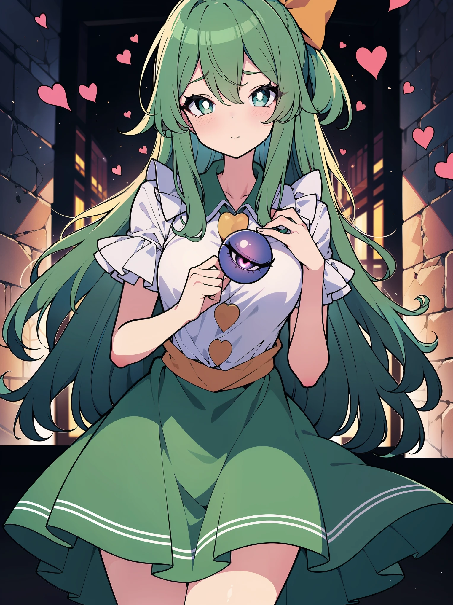(cowboy shot), (colorful:1.1), glowing, (ultra-high resolution, depth of field:1.2), (komeiji koishi:1.1), (1woman), adult, Touhou project, (medium breasts), (dark green eyes), white pupils, glowing eyes, green hair, wavy hair, (long hair), ponytail, (wearing an intricate wedding dress1.2), long wedding dress, A closed blue-purplish "third eye" is positioned over her heart, with cords wrapped around her torso and attached to each of her ankles, (blue roses in the background), chapel scenery, shy, serious, (blushing)