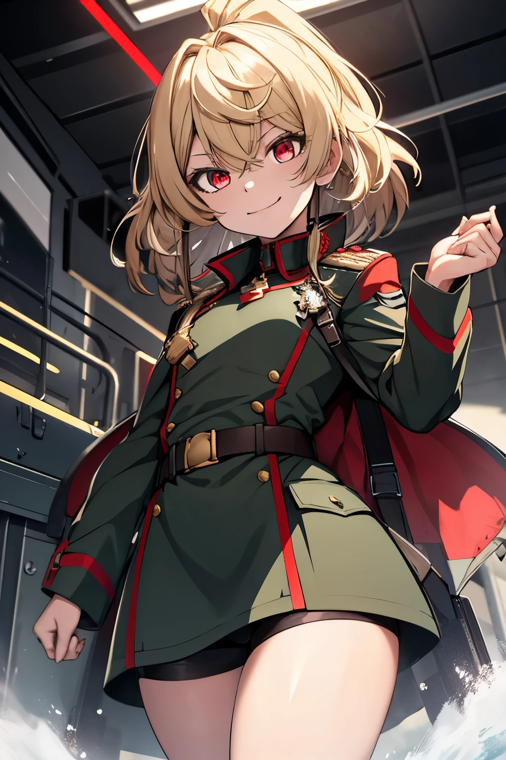 (masterpiece, best quality: 1.1), 1girl solo, tanya, 1girl, solo, , flat chest, small breasts, curvy, military, military uniform, ,, evil smile, wicked expression, anger, red eyes, neutral lighting