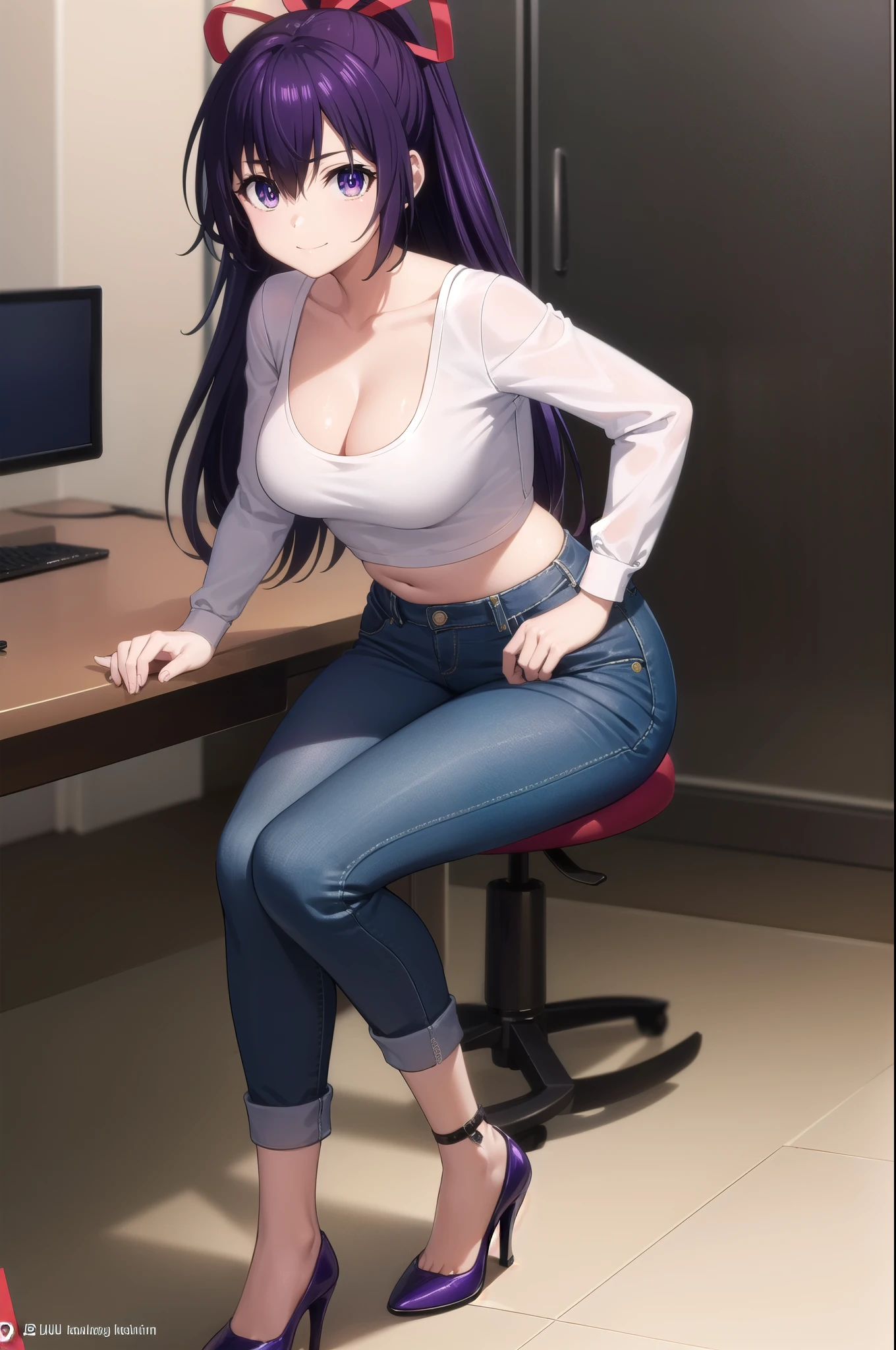 tohkayatogami, tohka yatogami casual, long hair, purple hair, alluringly smile, women puff sleeve shirt crop top, cleavage ( chic puff long sleeve bandage blouse), Korean fashion, midriff, ribbon , denim trousers, purse (purple eyes:1.1), hair ribbon, ponytail, purple hair, white ribbon, g cup breasts, bewitched thighs, slender waist, plump butt , high heels 
BREAK ,
BREAK indoors, office, alone, 
BREAK looking at viewer, elegant poses, sitting on desk, full body view, head to toe view, white high heel
BREAK (masterpiece:1.2), best quality, high resolution, unity 8k wallpaper, (illustration:0.8), (beautiful detailed eyes:1.6), extremely detailed face, perfect lighting, extremely detailed CG, (perfect hands, perfect anatomy),