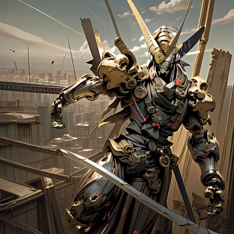 a robot ninja, wearing a long yellow ribbon around his neck that flows in the direction of the wind carrying a high-tech samurai sword, is posing in a spinning sword swing, all body made of metal and brass, background view of a destroyed city. sharp high focus, super clear image quality, bright afternoon sunlight with blue sky and white clouds.