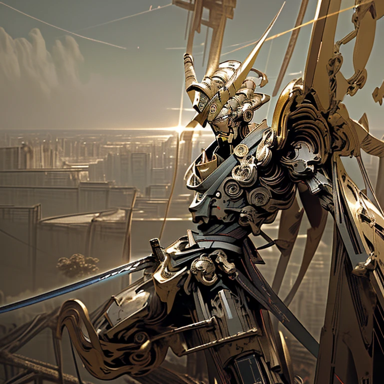 a robot ninja, wearing a long yellow ribbon around his neck that flows in the direction of the wind carrying a high-tech samurai sword, is posing in a spinning sword swing, all body made of metal and brass, background view of a destroyed city. sharp high focus, super clear image quality, bright afternoon sunlight with blue sky and white clouds.