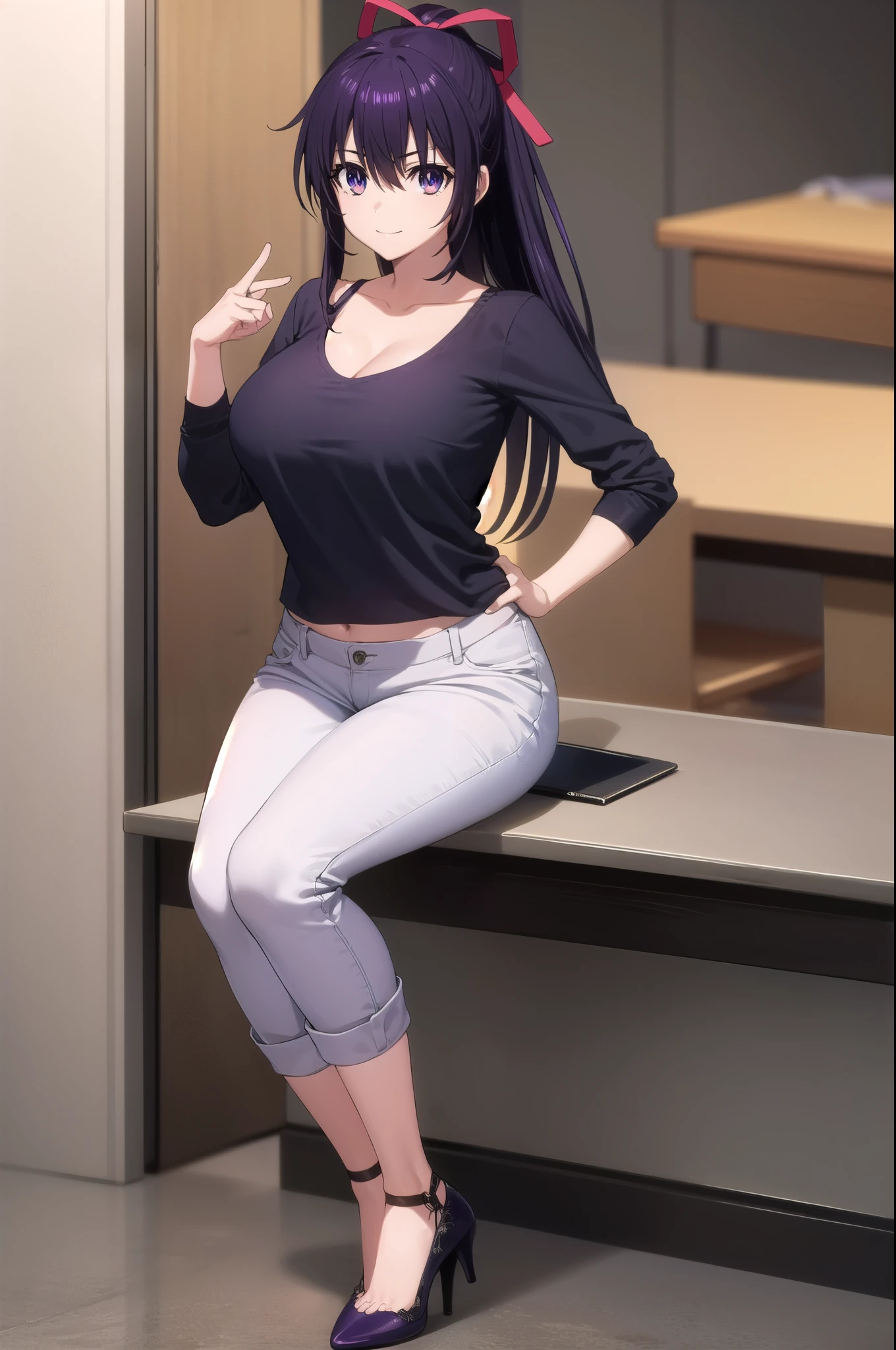 tohkayatogami, tohka yatogami casual, long hair, purple hair, alluringly smile, women puff sleeve shirt crop top, cleavage ( chic puff long sleeve bandage blouse), Korean fashion, midriff, ribbon , denim trousers, purse (purple eyes:1.1), hair ribbon, ponytail, purple hair, white ribbon, g cup breasts, bewitched thighs, slender waist, plump butt , high heels 
BREAK ,
BREAK indoors, office, alone, 
BREAK looking at viewer, elegant poses, sitting on desk, full body view, head to toe view, white high heel
BREAK (masterpiece:1.2), best quality, high resolution, unity 8k wallpaper, (illustration:0.8), (beautiful detailed eyes:1.6), extremely detailed face, perfect lighting, extremely detailed CG, (perfect hands, perfect anatomy),