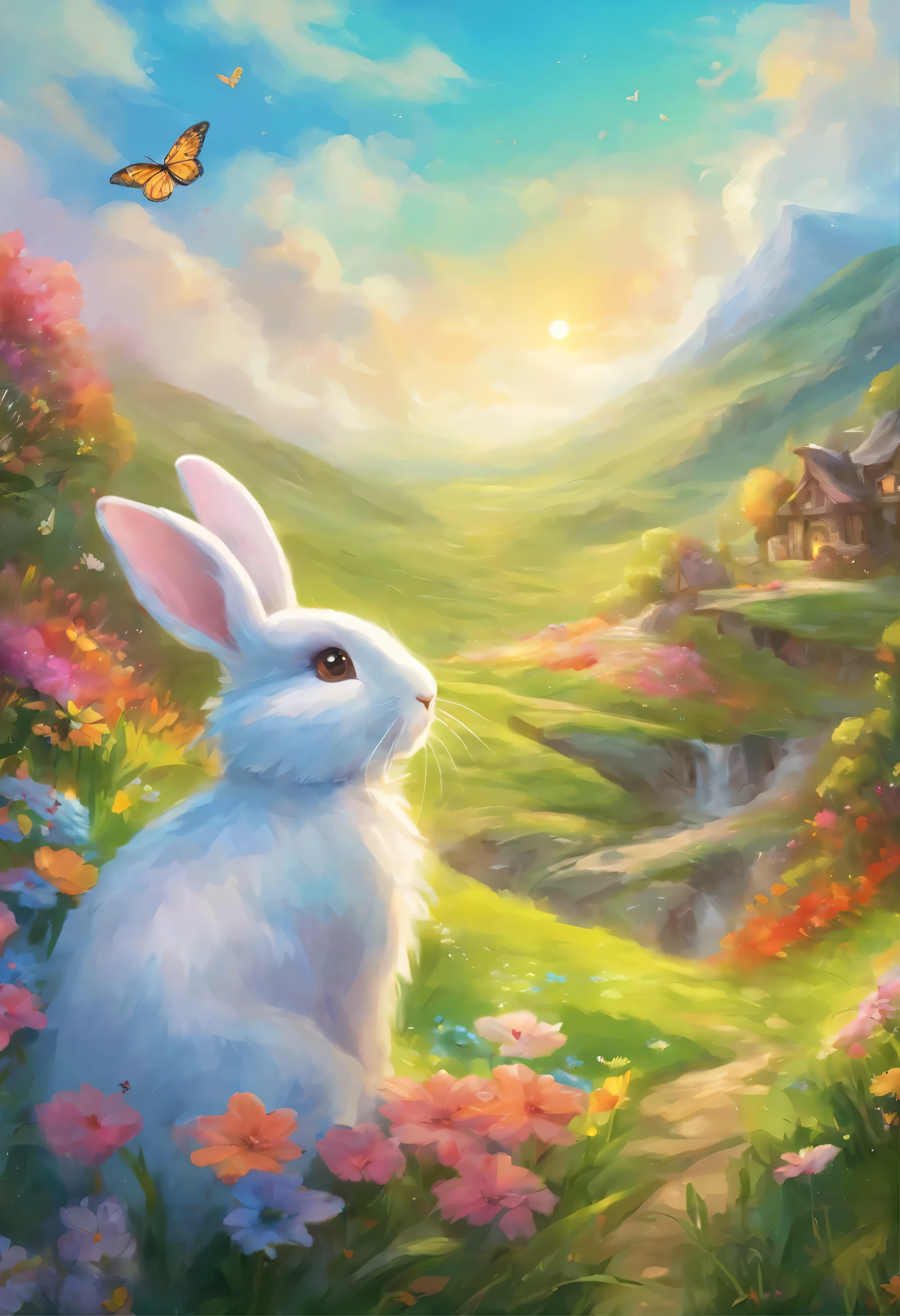 (best quality,4k,8k,highres,masterpiece:1.2),ultra-detailed,realistic:1.37,cute and fluffy rabbits,soft green grass,vibrant wildflowers,gently sloping hills as the background,butterflies fluttering through the air,crystal clear blue sky,glimmering rays of sunlight,exquisite fur texture on top of the hills,whimsical and playful atmosphere,impressionist painting style,vivid and colorful palette,hint of floral fragrance fills the air