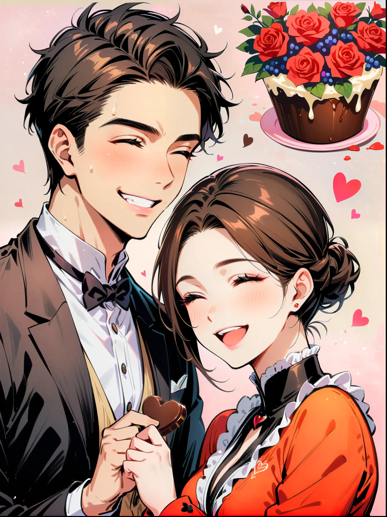 masterpiece, Couple collage, 1 person, 1 female, Valentine's Day, happy, Smile, chocolate, Rose, Heart