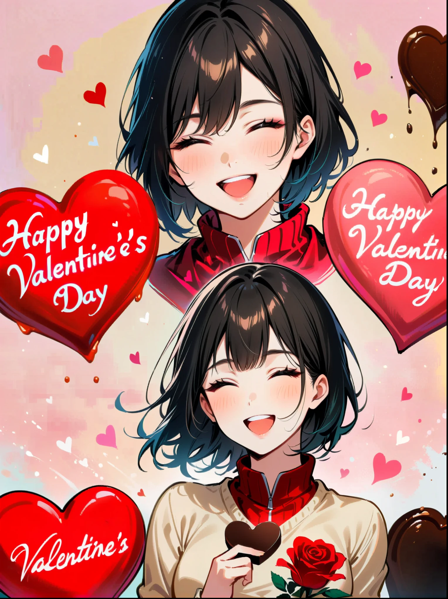 masterpiece, Couple collage, 1 person, 1 female, Valentine's Day, happy, Smile, chocolate, Rose, Heart
