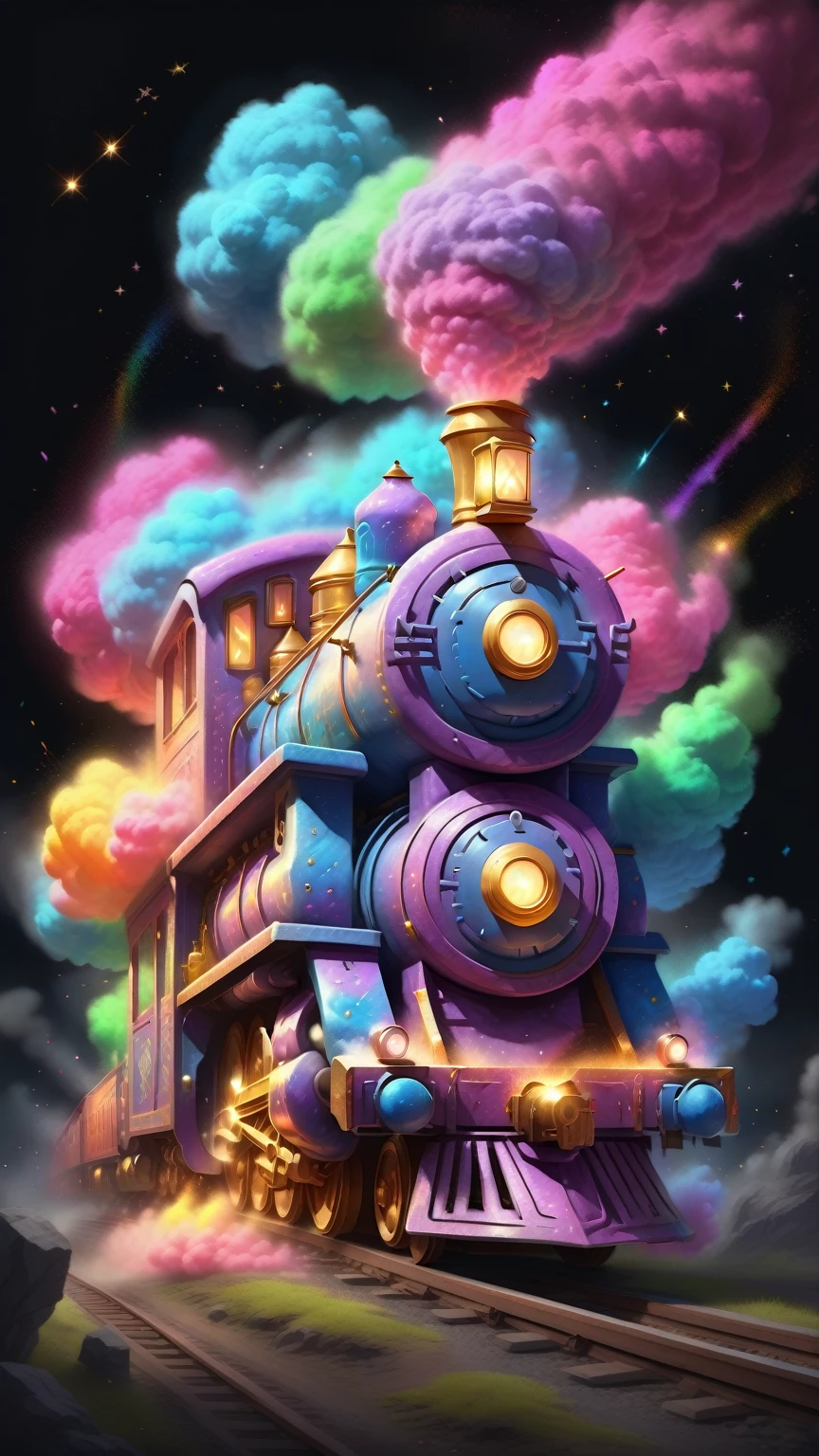 Glowing magic train in chalk dust style, 8K,The art of math, high quality, Very detailed