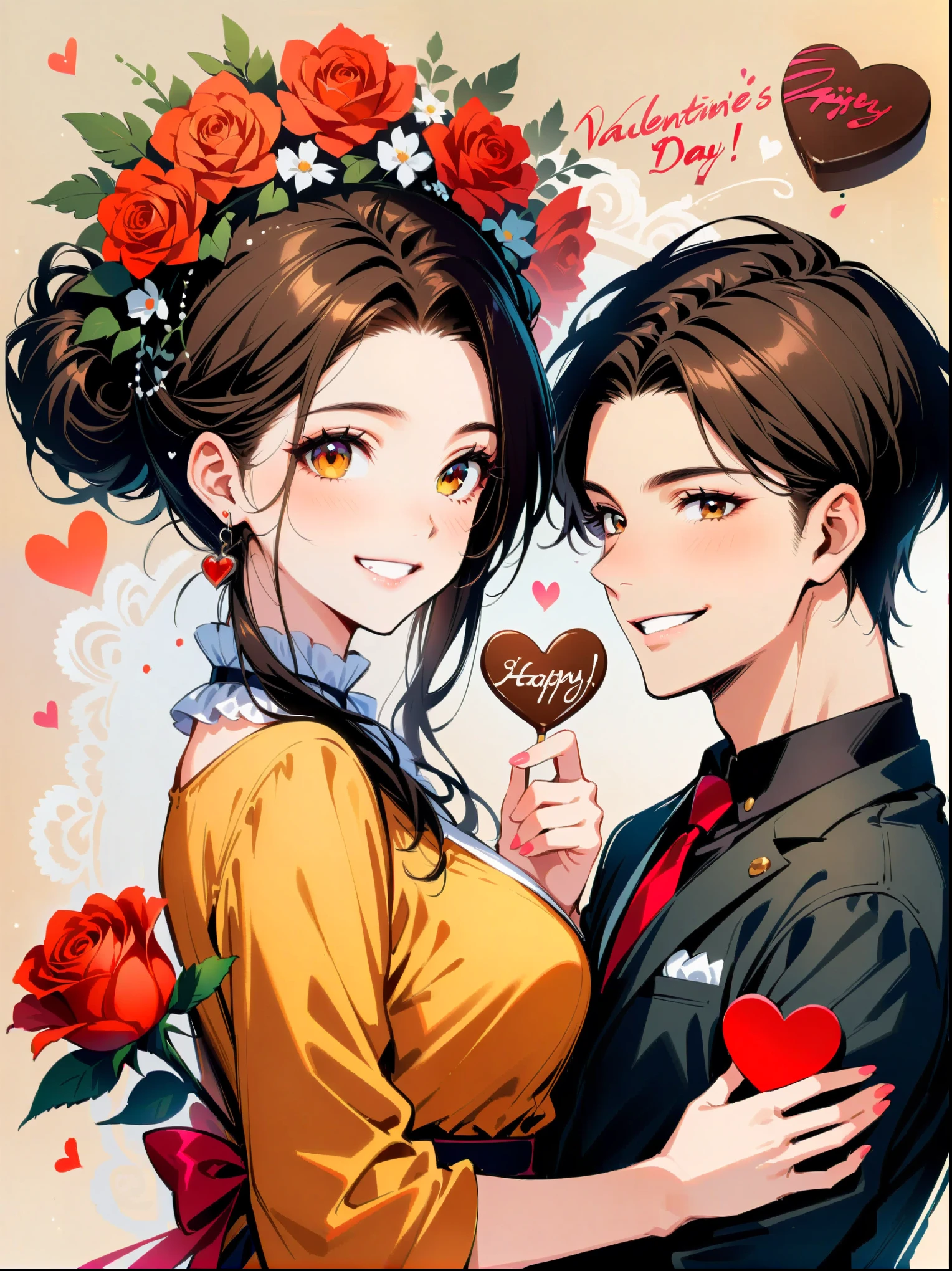 masterpiece, Couple collage, 1 person, 1 female, Valentine's Day, happy, Smile, chocolate, Rose, Heart