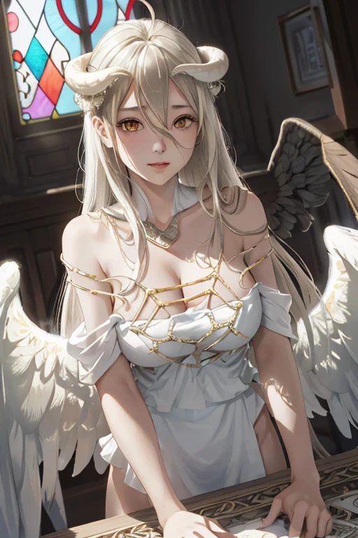 (on the table, high quality, high resolution,Highest quality), (works of masters),(Religious themes :1.25),blurred background,warm light,, (rich and colorful:0.7),(Chis:1.1), (Stained window glass,Tyndall effect ,1.05), 、a girl 、floating white feathers, (halo:0.95),There is light on the face,(Zentangle:1.3),(eyes closed:0.55),eyelash, (1 Law:1.1),Angel,Angel wings,a white wing,huge wings,alone,clavicle,(cross:1.1) necklace,Ornaments isolated,(blush:0.6), (ahog:1), (cosmetic:0.5), young look、、Datong, (head tilt:0.75),white dress,perspective, floating in the air, beautiful,noble, barefoot, Tilt Stand,(from the side:0.8), bare shoulders, shiny skin, shiny hair,long hair, peaceful,(bright pupils:1.1), yellow eyes, white hair, flowing hair,cold face、gods々Zhikai beautiful breasts、huge breasts:1.4 beautiful breasts、huge breasts:1.4