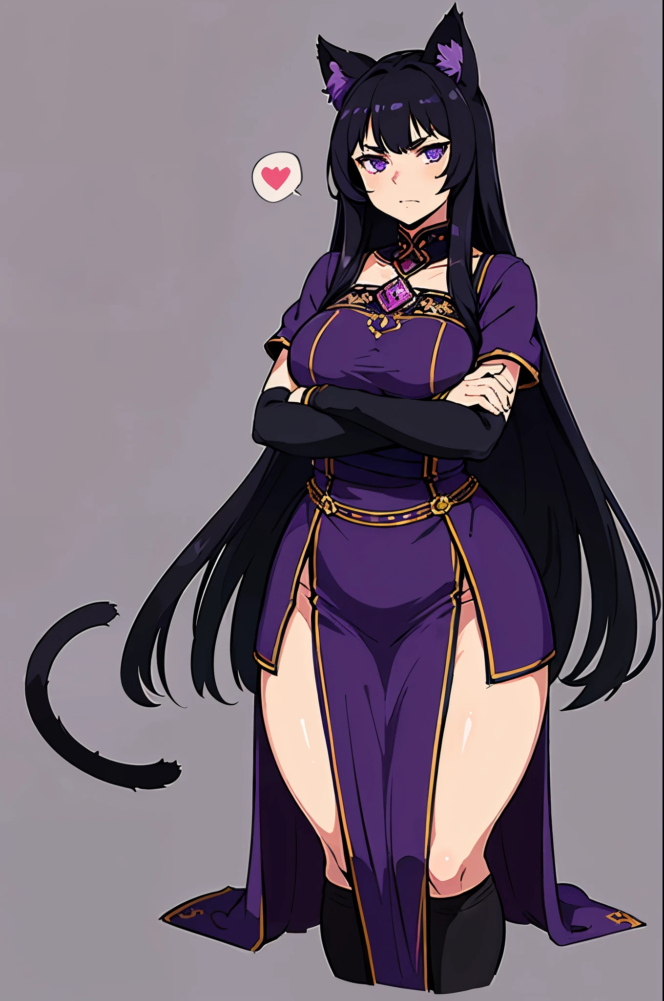 black hair ,very long hair, serious, (violet eyes), roman clothes, dark purple roman dress, full body, gray background, cat ears, wild hair, crossed arms, female, thick thighs, cat tail, condescending, semi-realistic, anime, fantasy, detailed face, beautiful face,