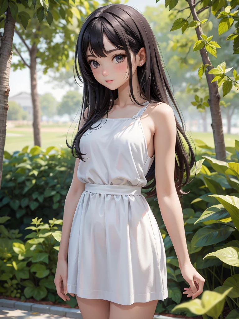 (masterpiece)), ((best quality)), (Super detailed), extremely delicate and fair, clear face, high resolution, Wonderful illustrations, fair art, artistic, actual, ((unified 8k wallpaper)), fair, ((超high resolution)), good composition, good art, landscape, Delicate skin, (oily skin), shiny skin, delicate skin, long hair, (fair hair), A young woman in a yellow summer top stands near some trees, Blurred trees in the background, 1 girl, alone, vague, long hair, actual