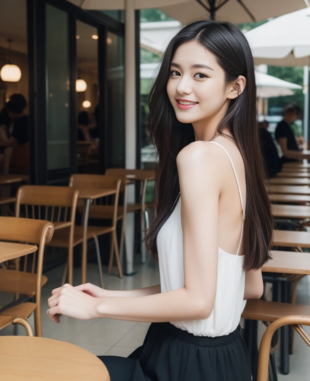 ((best quality, 8K, masterpiece: 1.3)), beautiful girl, pure, melon face, kind and cute, sweet smile, pure desire, slender body, (front), (tilted head), back view, white dress , long black silky straight hair, long flowing shoulders, round black big eyes, clear big eyes, moist red lips, sweet, sitting in a cafe chair, cafe terrace background, ((whole body)),