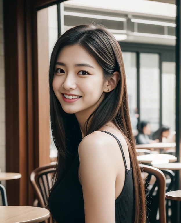 ((best quality, 8K, masterpiece: 1.3)), beautiful girl, pure, melon face, kind and cute, sweet smile, pure desire, slender body, (front), (tilted head), back view, white dress , long black silky straight hair, long flowing shoulders, round black big eyes, clear big eyes, moist red lips, sweet, sitting in a cafe chair, cafe terrace background, ((whole body)),