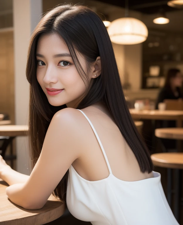 ((best quality, 8K, masterpiece: 1.3)), beautiful girl, pure, melon face, kind and cute, sweet smile, pure desire, slender body, (front), (tilted head), back view, white dress , long black silky straight hair, long flowing shoulders, round black big eyes, clear big eyes, moist red lips, sweet, sitting in a cafe chair, cafe terrace background, ((whole body)),