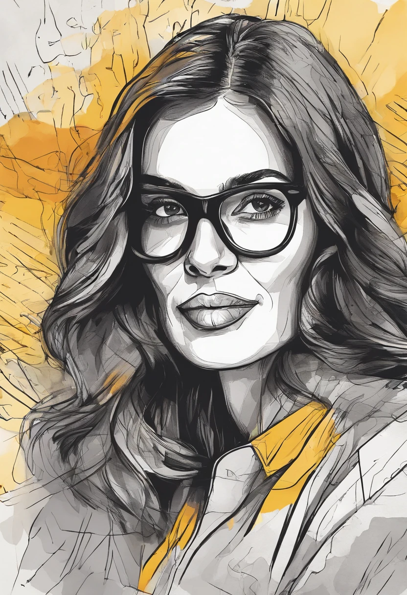 Partial front view of the scene; details in 8k; precision in details; Pablo Picasso style drawing. Wood splash; high color contrast; Abstract artistic drawing textured background of a brunette woman with long, wavy hair wearing square glasses, woman smiling with red lipstick, face more toned and rounded and with slight dimples near the mouth, wearing a black coat with a yellow t-shirt underneath looking at the right, lilac white colors in the environment, illustration, watercolor illustration, professional illustrator, best watercolor, ink and watercolor paintings, alcohol ink, vibrant colors, perspective view, centered, perspective lines,