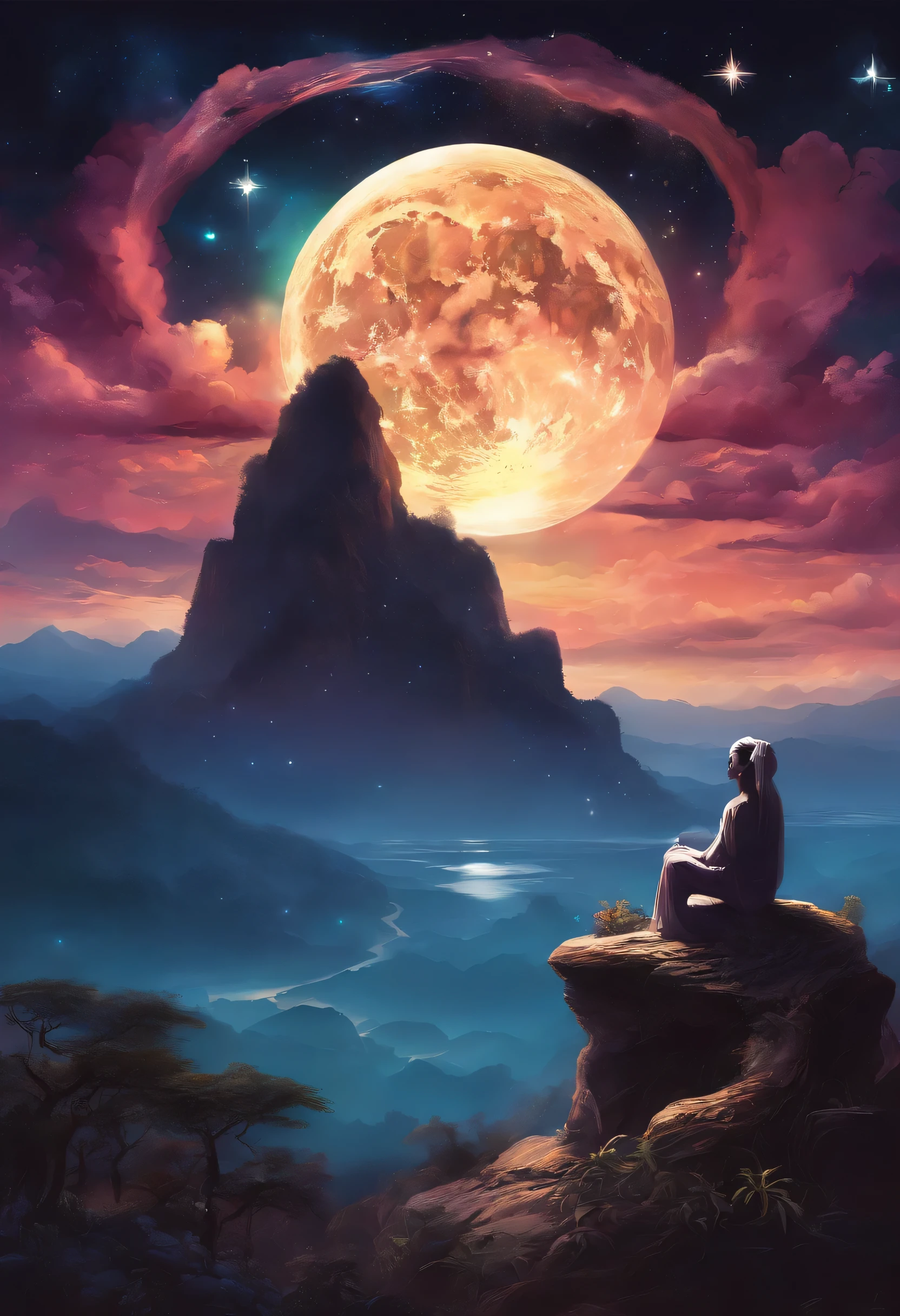 (((Sun and Moon，stars)))，Bodhisattva，(((aura)))，Buddha&#39;s light，Visions，(((Ion flow)))，(best quality,4k,highres,masterpiece:1.2),ultra-detailed,realistic,portrait,landscape,Tang Feng,giant moonlit cliff,distant viewing angle,desolate,clouds,moonlit,dark silhouette,serene atmosphere,vibrant colors,soft light,ethereal,content solitude,wispy clouds,quiet night,starry sky,moonlight casting shadows,moon halo,luminous,mystical,calm and peaceful ambiance,immersive,dreamlike,gloomy cliffs,awe-inspiring,tranquil mood