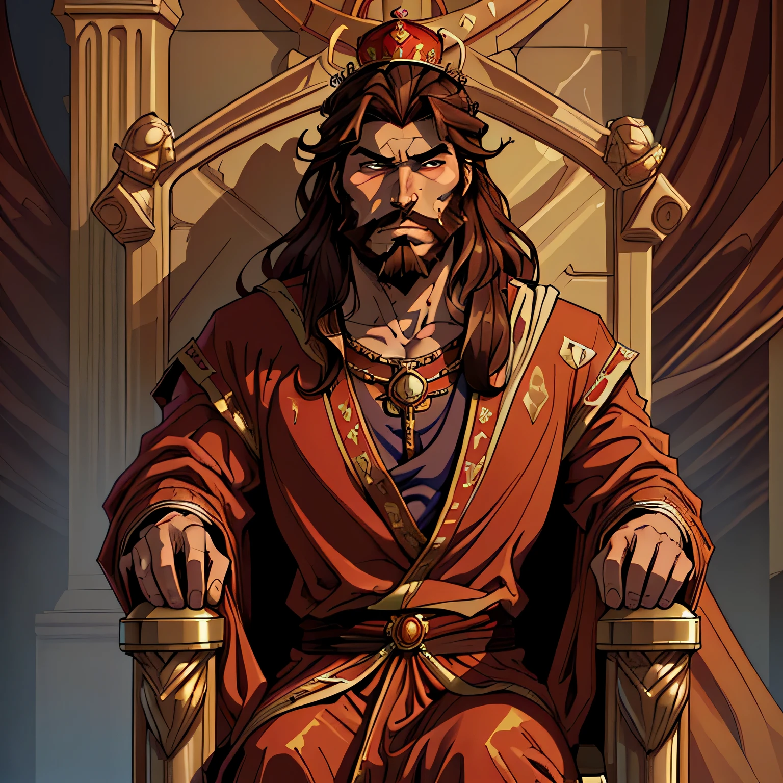 best quality image, man, king, with medium long brown hair, with beard, penetrating look, serious expression, strong, sitting on a throne, with a crown on his head, in royal robes, biblical style