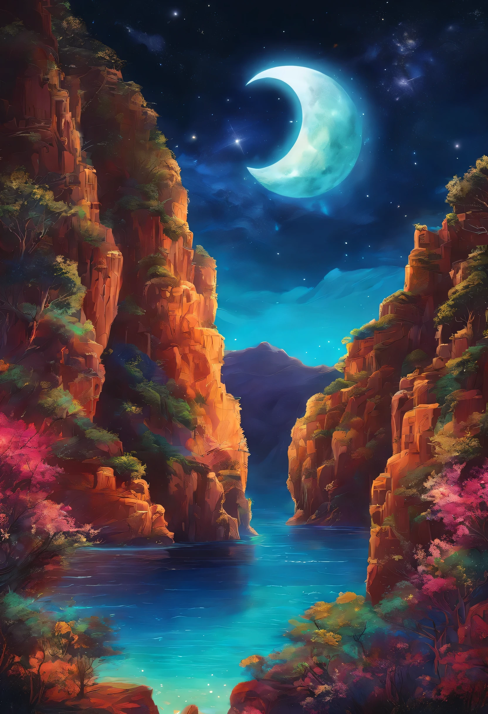 (((Sun and Moon，stars)))，Bodhisattva，(((aura)))，Buddha&#39;s light，Visions，(((Ion flow)))，(best quality,4k,highres,masterpiece:1.2),ultra-detailed,realistic,portrait,landscape,Tang Feng,giant moonlit cliff,distant viewing angle,desolate,clouds,moonlit,dark silhouette,serene atmosphere,vibrant colors,soft light,ethereal,content solitude,wispy clouds,quiet night,starry sky,moonlight casting shadows,moon halo,luminous,mystical,calm and peaceful ambiance,immersive,dreamlike,gloomy cliffs,awe-inspiring,tranquil mood