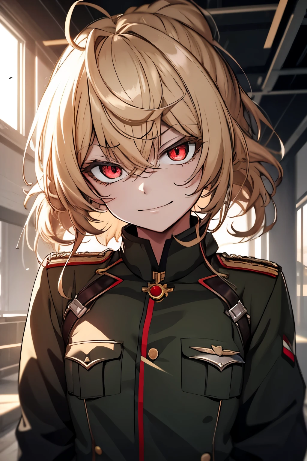 (masterpiece, best quality: 1.1), 1girl solo, tanya, 1girl, solo, , flat chest, small breasts, curvy, military, military uniform, ,, evil smile, wicked expression, anger, red eyes, neutral lighting