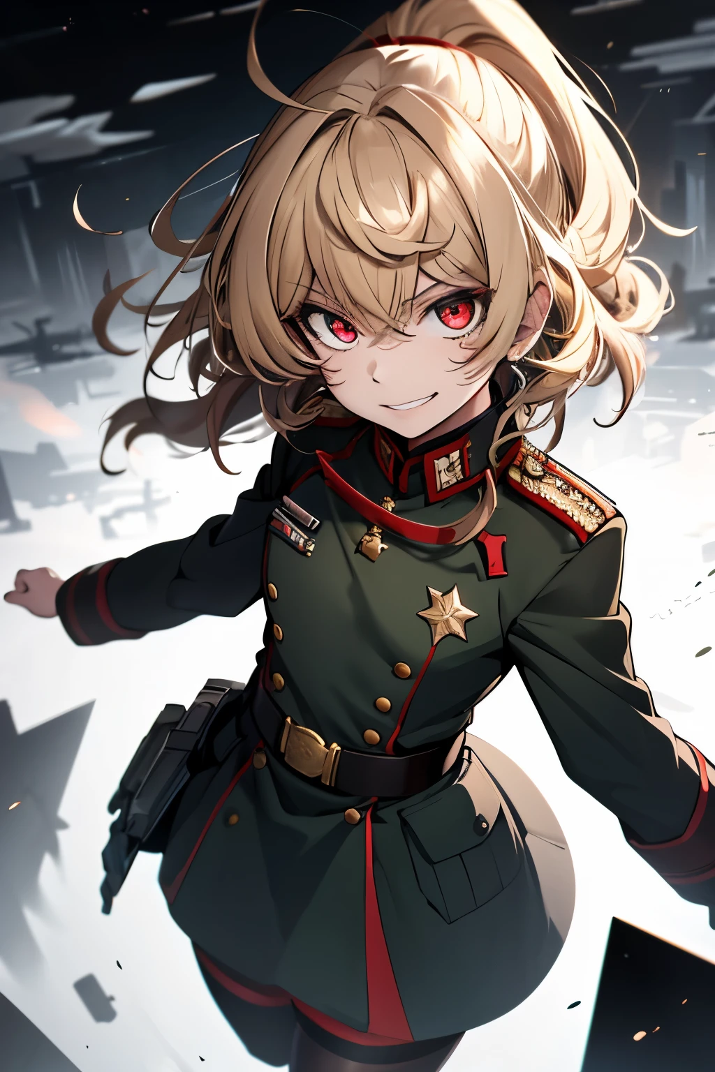 (masterpiece, best quality: 1.1), 1girl solo, tanya, 1girl, solo, , flat chest, small breasts, curvy, military, military uniform, ,, evil smile, wicked expression, anger, red eyes, neutral lighting