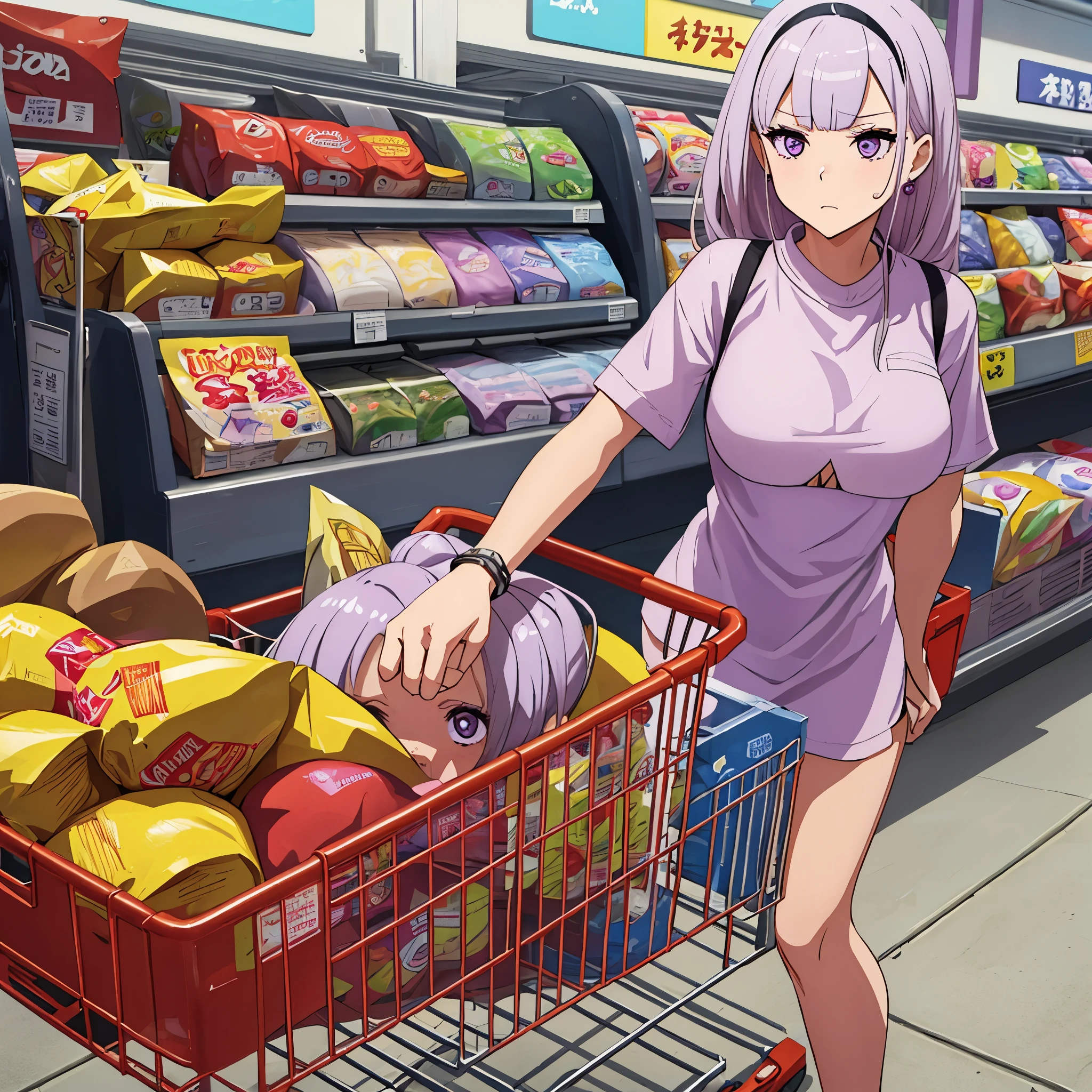 A woman in casual clothes, weak lilac hair, in a super market pushing a shopping cart, scared face, lilac eyes,very detailed, masterpiece, high quality, ultra resolution, 4k hd
