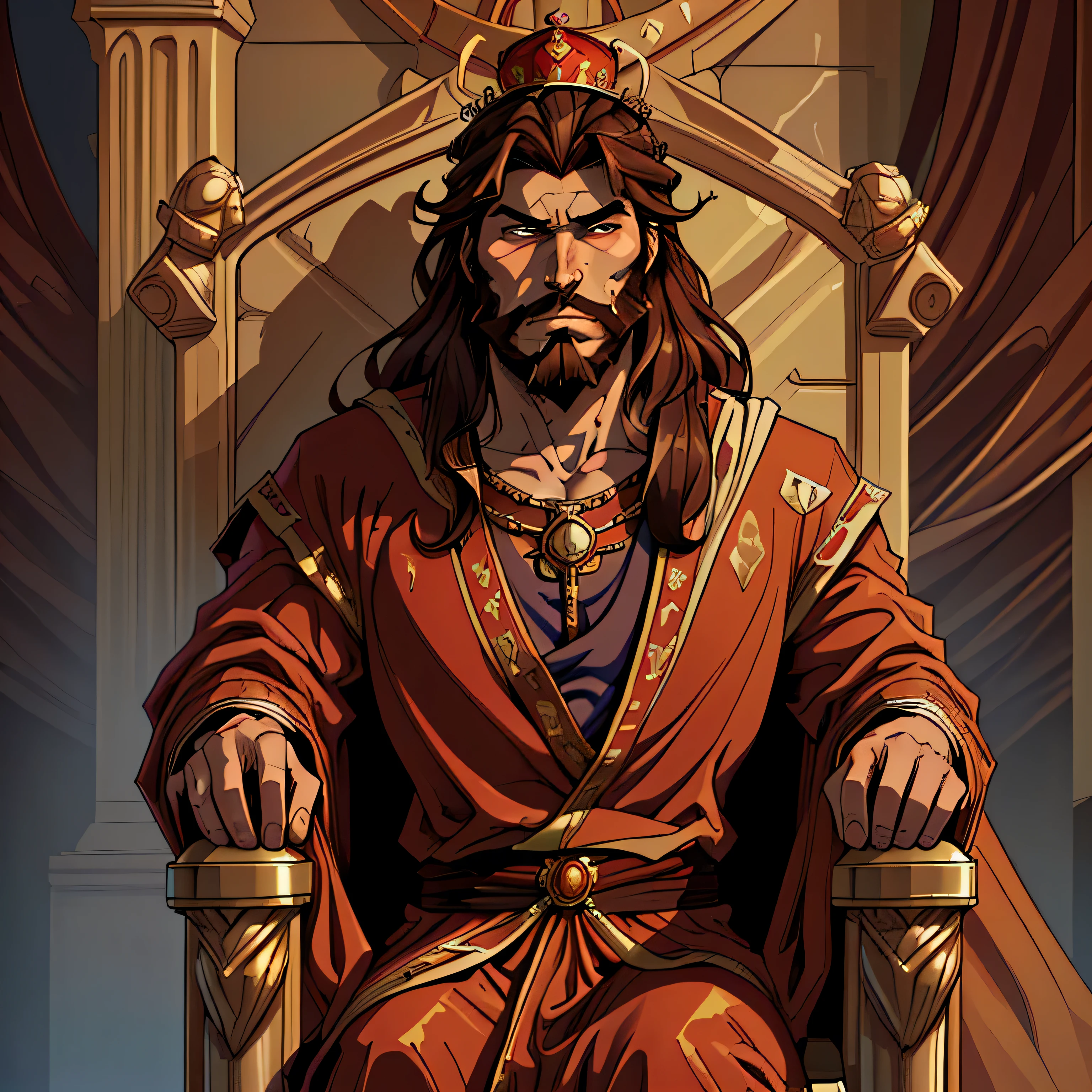 best quality image, man, king, with medium long brown hair, with beard, penetrating look, serious expression, strong, sitting on a throne, with a crown on his head, in royal robes, biblical style