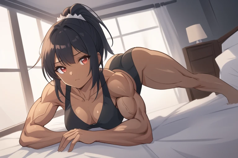jack-o challenge pose,, masterpiece, best quality, absurdres, highres, 4k, ray tracing, intricate details, highly detailed, (1girl:perfect face, cute, medium breasts, long black hair, high ponytail, dark skin, slightly muscular) (muscular: 1.3), dark skin,