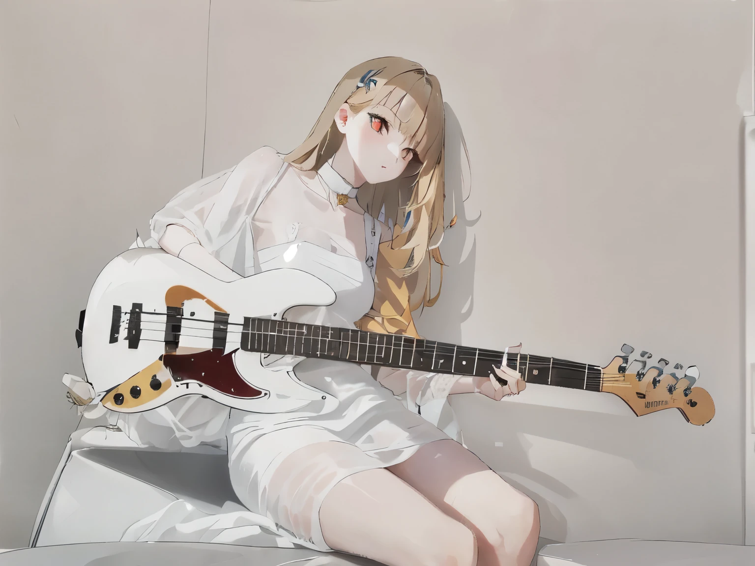 1girl, human ears, strawberry blonde hair, golden eyes, white prom dress, white thigh high, long hair, white bass guitar, electric bass guitar, Fender Jazz Bass, Roses on the ground, white background, studio lighting, poster, elegance, sitting post, photoshoot