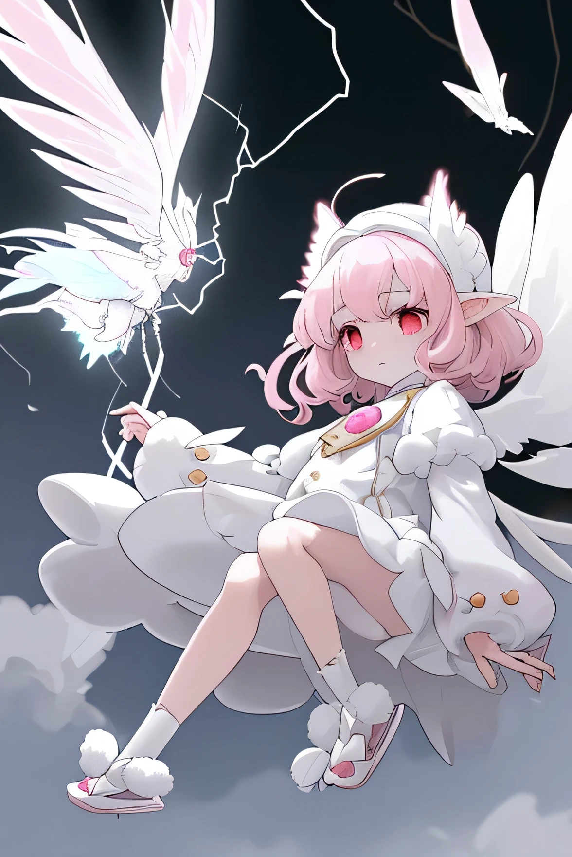 with silk and fluffy white clothes and pink tones and white slippers with silk balls with golden frosts. with wings and ears like those of a poodle moth, black eyes and gray tones, while they fly and lightning falls accompanied by moths. atmosphere: a windy day and some lightning and blizzards