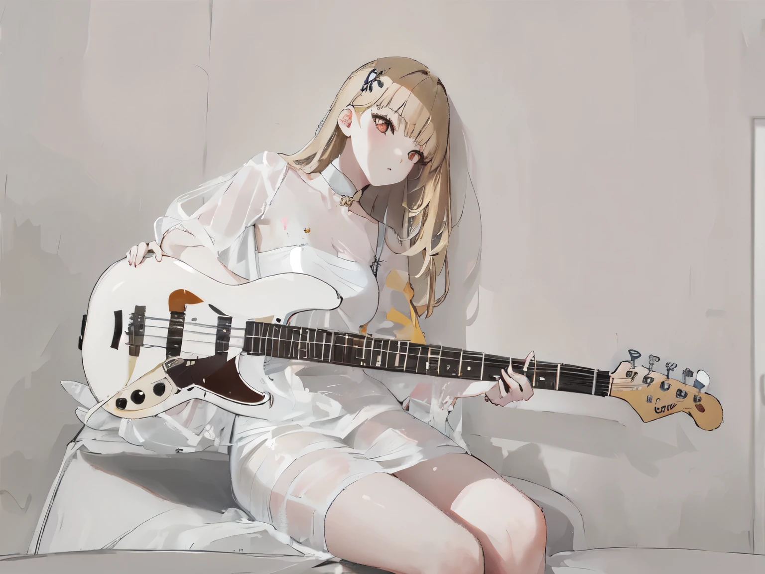 1girl, human ears, strawberry blonde hair, golden eyes, white prom dress, white thigh high, long hair, white bass guitar, electric bass guitar, Fender Jazz Bass, Roses on the ground, white background, studio lighting, poster, elegance, sitting post, photoshoot