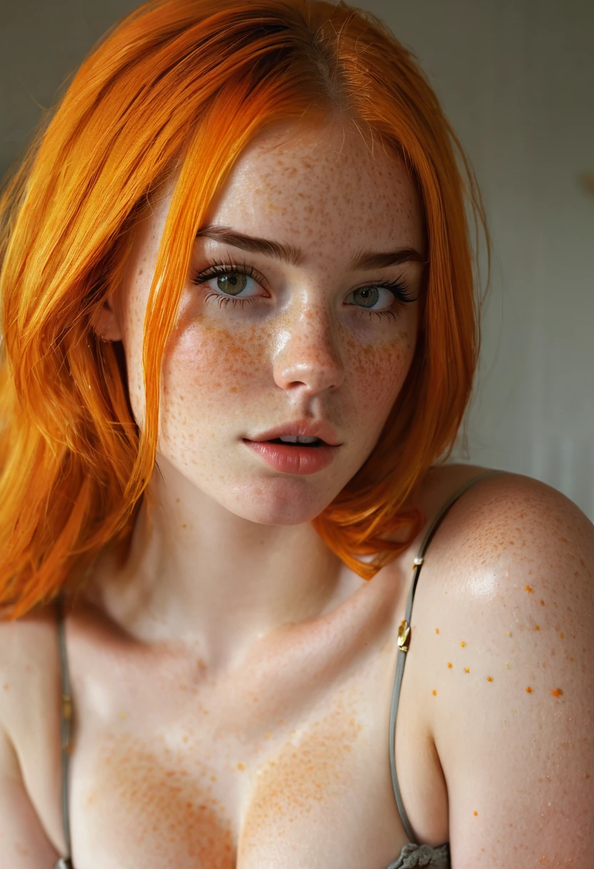 masterpiece, best quality, highly detailed, ultra high res, young adult, orange/broth hair, hour glass physique, freckles, sexy, thick, full body image 