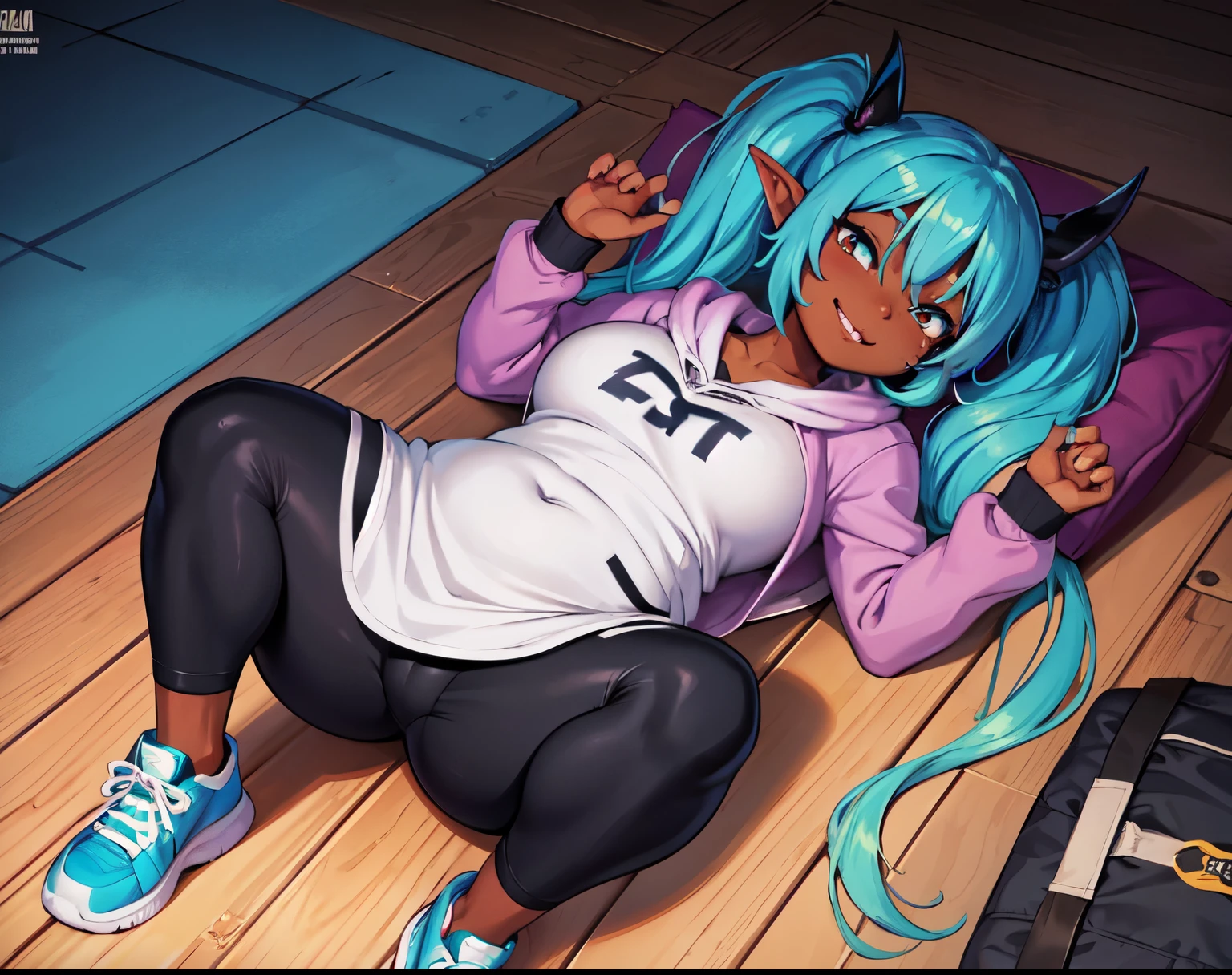 goblin girl, blue hair, very long hair, dark_ skin, dark skin goblin, wide body, very dark skin girl, busty, hair between eyes, twintails, chubby, chubby girl, chubby girl goblin, wide hips, blue eyes, mole, mole on chest, age up, lips, big lips, thick eyebrows, body with fur, tusk, short girl, short goblin girl twintails, short girl, highly detailed, high quality, best quality, 8k, full body, fat, fat girl, fat goblin, smile, casual clothes, pants, sneakers, neckline, waving, lying down, sexy girl, Hoodie