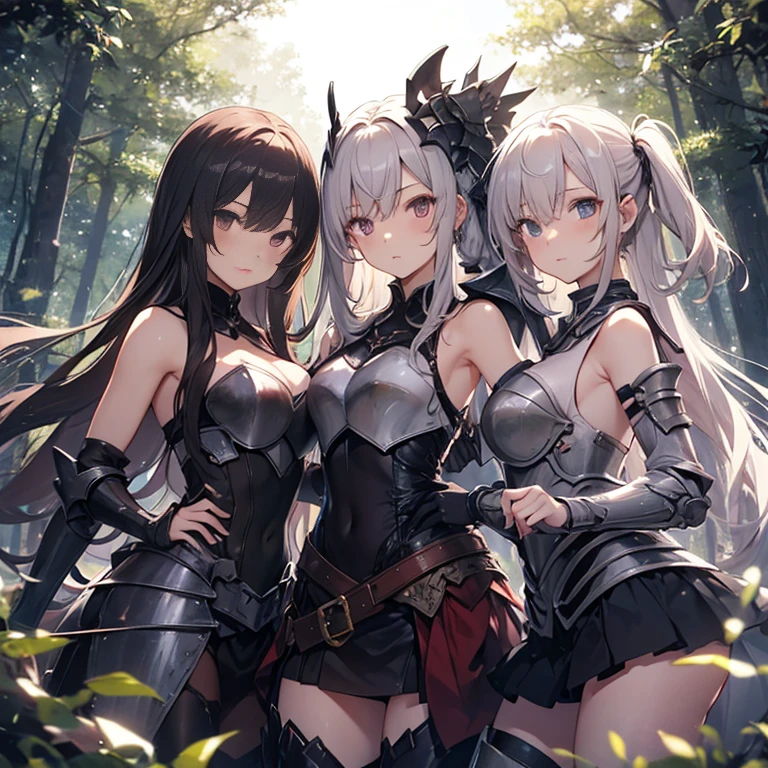 A group of  female knight, (in forest), various hair styles, harem, wearing armored clothes, metal armor, night, details face, , short skirt, seducing, sword, showing armpits, sleeveless 