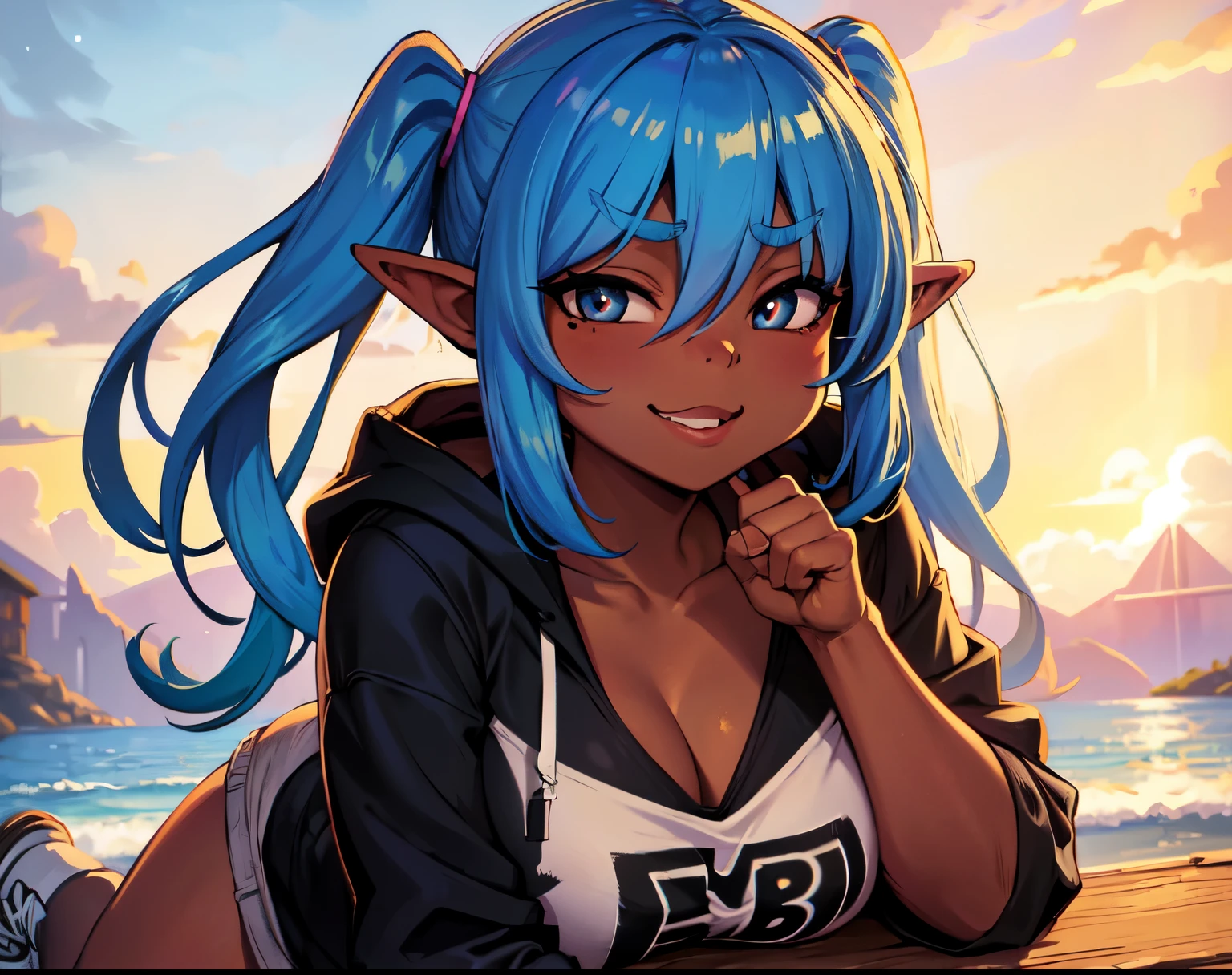 goblin girl, blue hair, very long hair, dark_ skin, dark skin goblin, wide body, very dark skin girl, busty, hair between eyes, twintails, chubby, chubby girl, chubby girl goblin, wide hips, blue eyes, mole, mole on chest, age up, lips, big lips, thick eyebrows, body with fur, tusk, short girl, short goblin girl twintails, short girl, highly detailed, high quality, best quality, 8k, full body, fat, fat girl, fat goblin, smile, casual clothes, pants, sneakers, neckline, waving, lying down, sexy girl, Hoodie