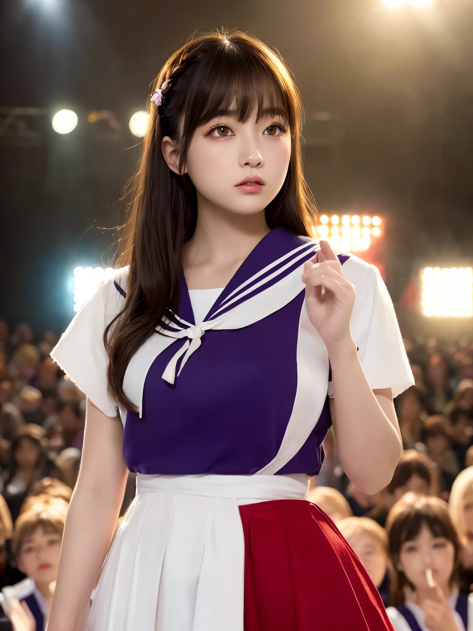White base with purple-red sailor suit、tulle skirt、23 years old, perform on stage, concert photos, cute core、(bob hair)、(((watching the audience)))、ribbon on head、(自然でdetailed face立ち、beautiful and detailed eyes、beautiful and dense lips、very detailed eyes、detailed face、long eyelashes)(8K resolution)、High resolution、masterpiece:1.2 )、Super detailed、(real、photorealistic、photorealistic: 1.37)、8K、fantastic lighting、bright colors、standing position
