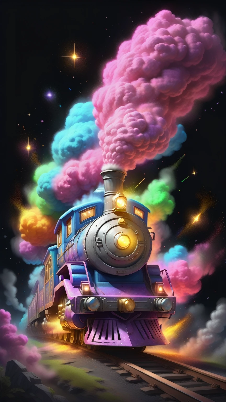 Glowing magic train in chalk dust style, 8K,The art of math, high quality, Very detailed