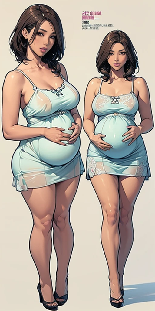 ((masterpiece)),(((best quality))),((character design sheet)), ((full body view)) illustration,1girl, thick thighs, ((sundress:1.2)), ((detailed face:1.4)) Just the right kind of 14-year-old japanese sunburn pregnant kuro Gyaru pregnant for promiscuous sex friend, rough sketches, solid color backdrop, clean backdrop,