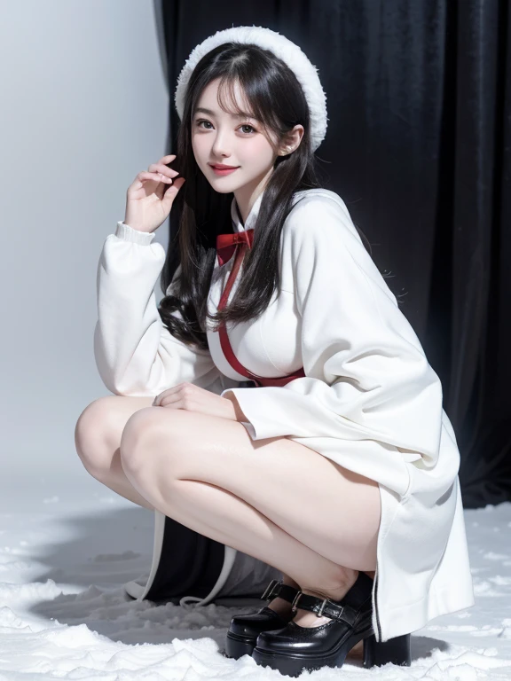 daughter，face camera，squatting and sitting，Slender legs，bare legs，(Focus on the thighs)，((External，Actual heavy snowfall，Cloak，covered with snow，(lolita costume)， Horizontal viewing angle)), , (8K, .The original, professional, best quality, masterpiece: 1,2), (endless realism), super detailed, huge breasts, thin waist，(Skin with the highest level of detail: 1,2), (The dial is exquisitely detailed:1.2),Small red leather shoes , looking at camera, Put your hands behind your back，Happy expression，乖巧obedient，Follow everything，性格温柔obedient、Likeable，付出型性格和Likeable的个性，绝对obedient、obedient，waiting for command