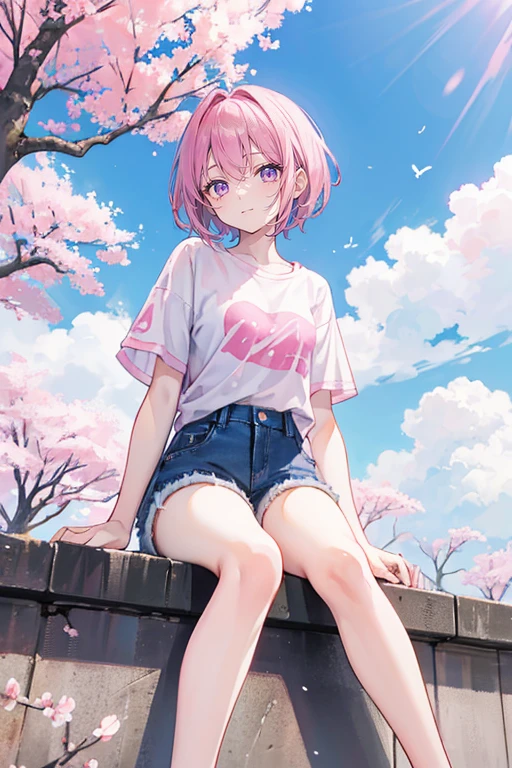 pink hair,purple eyes,short hair,sister head,Two black hairpins,girl,short sleeves,Denim shorts,full-body shot,whole body,Birds sit,sit on the floor,Lots of cherry blossom trees,Background blue sky and white clouds,Happy and happy expression