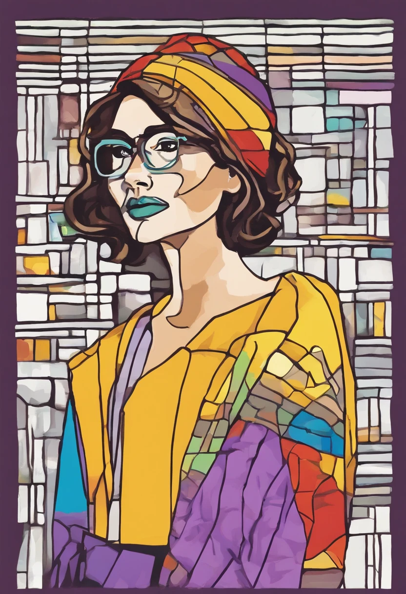 Partial front view of the scene; details in 8k; precision in details; Pablo Picasso style drawing. Wood splash; high color contrast; Abstract artistic drawing textured background of a brunette woman with long, wavy hair wearing square glasses, woman smiling with red lipstick, face more toned and rounded and with slight dimples near the mouth, wearing a black coat with a yellow t-shirt underneath looking at the right, lilac white colors in the environment, illustration, watercolor illustration, professional illustrator, best watercolor, ink and watercolor paintings, alcohol ink, vibrant colors, perspective view, centered, perspective lines,