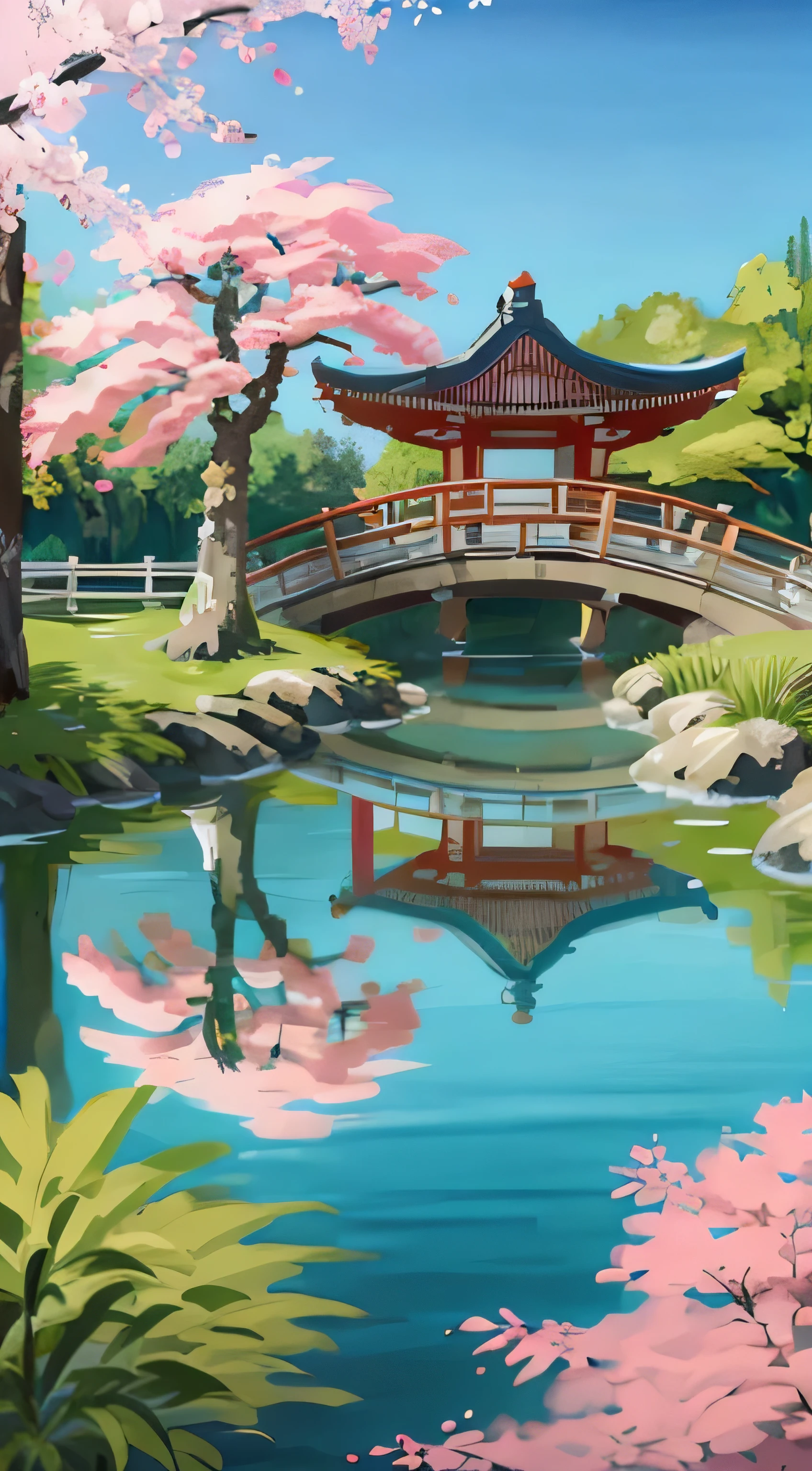 (number),(best quality), (building:1.3), Tranquil Japanese garden, cherry blossoms in bloom, Koi Pond, footbridge, pagoda, Ukiyo-e art style, Hokusai&#39;s inspiration, unusual art pop, 8k hyper-realistic, Soft color scheme, soft light, prime time, peaceful atmosphere, Horizontal