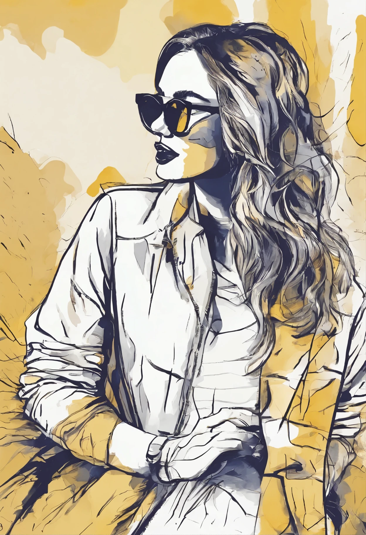 Partial front view of the scene; details in 8k; precision in details; Pablo Picasso style drawing. Wood splash; high color contrast; Abstract artistic drawing textured background of a brunette woman with long, wavy hair wearing square glasses, woman smiling with red lipstick, face more toned and rounded and with slight dimples near the mouth, wearing a black coat with a yellow t-shirt underneath looking at the right, lilac white colors in the environment, illustration, watercolor illustration, professional illustrator, best watercolor, ink and watercolor paintings, alcohol ink, vibrant colors, perspective view, centered, perspective lines,