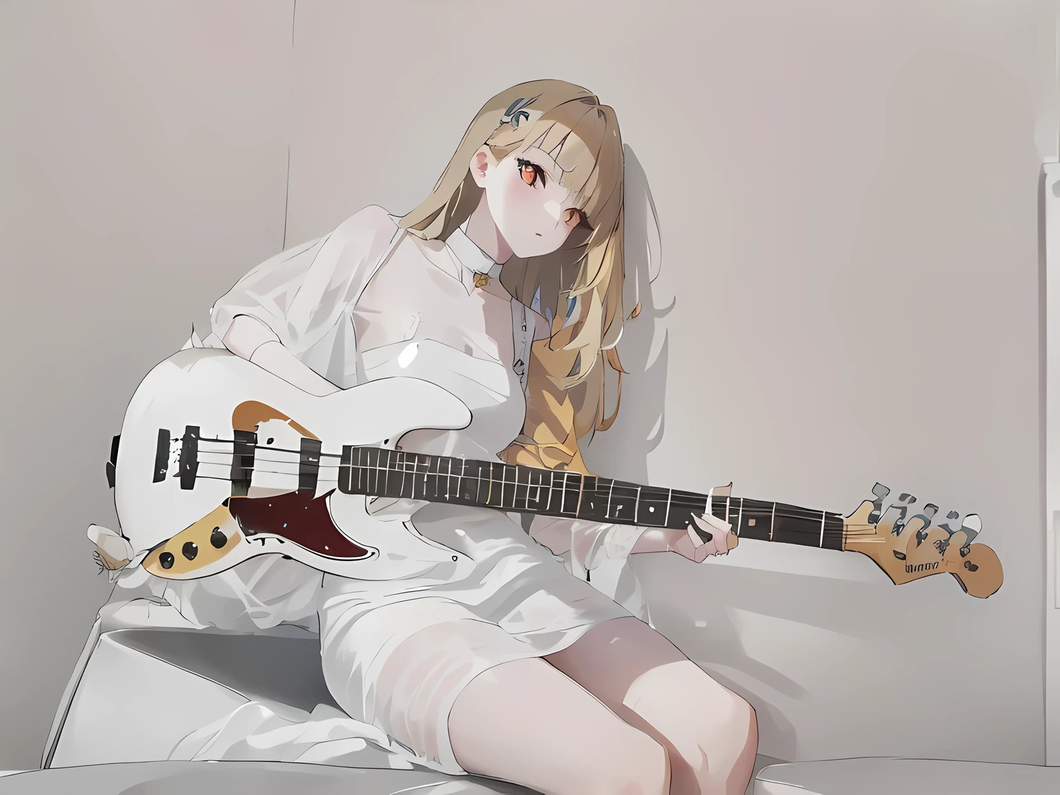1girl, human ears, strawberry blonde hair, golden eyes, white prom dress, white thigh high, long hair, white bass guitar, electric bass guitar, Fender Jazz Bass, Roses on the ground, white background, studio lighting, poster, elegance, sitting post, photoshoot