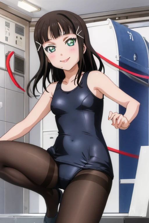 best quality, ultra-detailed masterpiece, dia kurosawa, one-piece swimsuit, pantyhose, anime art style, cute characters, space station, open legs, smile