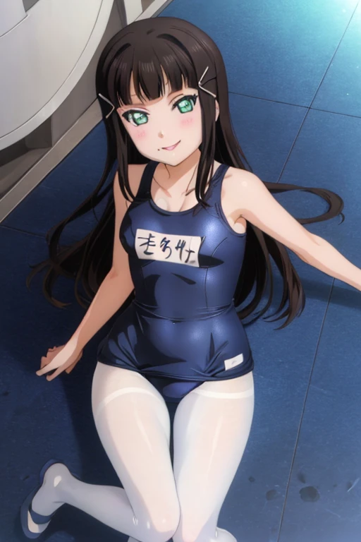 (8K、Highest image quality、highest quality、masterpiece)、detailed face、((1 ))、mesugaki、black hair、twintails、blunt bangs、gray eyes、evil smile、((grin))、steam、((small breasts))、((one-piece swimsuit))、barefoot、sitting knees up、open legs、locker room background
