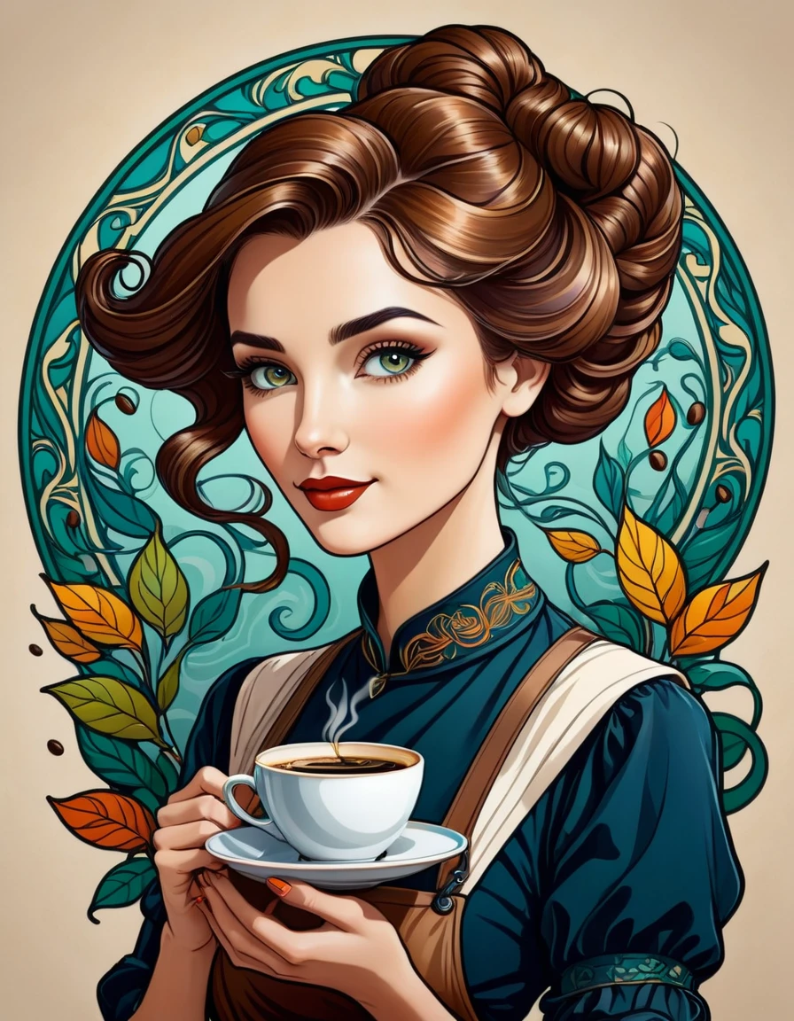Create an image of Art Nouveau portrait of an elegant beautiful female Barista with coffee beans, more colorful, fine lines and subtle stroke