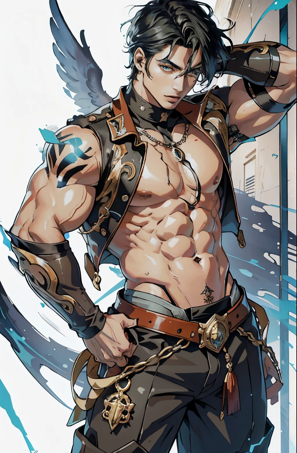masterpiece,best quality,painting of a man,((highlander, intricate outfit, thong, Goldfish Orange theme)),lonely look,well-built ripped man,big hair,Platinum hair,short back and sides,Bright Blue eyes,tall,temperate desert,intricate background,dynamic pose,action scene