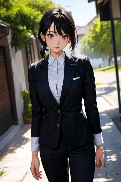 (masterpiece, best quality, high quality, highres, ultra-detailed, detailed background,)1girl,(),black hair,short hair,(pony tail),(black suits for men),(trousers)
looking at viewer,