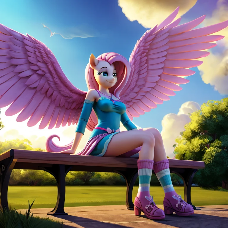 fluttershy, my little pony, human body, 2 hands, 2 legs, female, long fur, pink hair, pink tail, yellow wings, colorful socks, spread wings, fluffy feathers, smiling, tying a bow on her shoe sitting on the bench, sunny day, clouds, hyper-detail, 3d illustration, high contrast, masterpiece, hyper-realism, best quality, fantasy art, magnificent, celestial, epic, majestic, magical, nsfw
